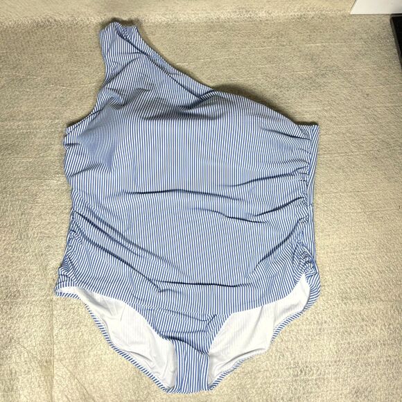 J.Crew Ruched One-Shoulder One-Piece Seersucker Blue/White Stripes Size 24 NEW‎ - Picture 1 of 9